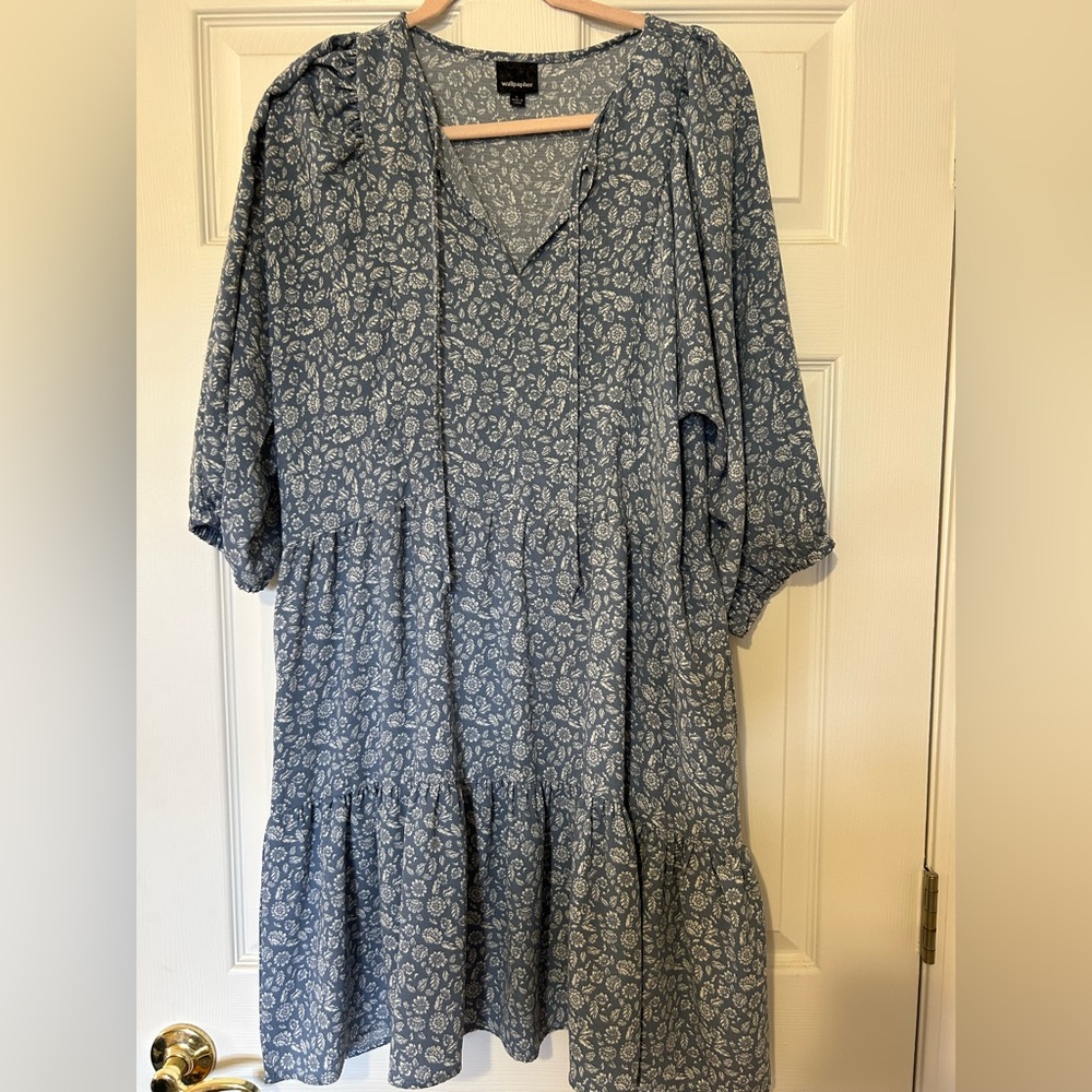 Blue and white floral midi tiered dress